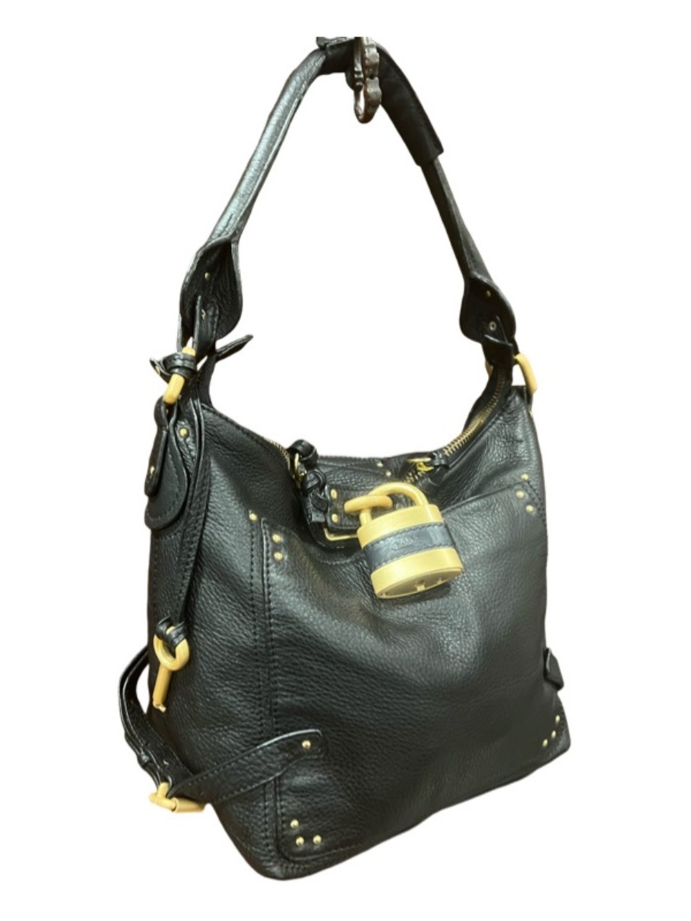 Black Leather Hobo Bag with Gold Accents